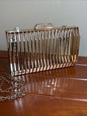 Gold Metal Cage Clutch with Chain Strap